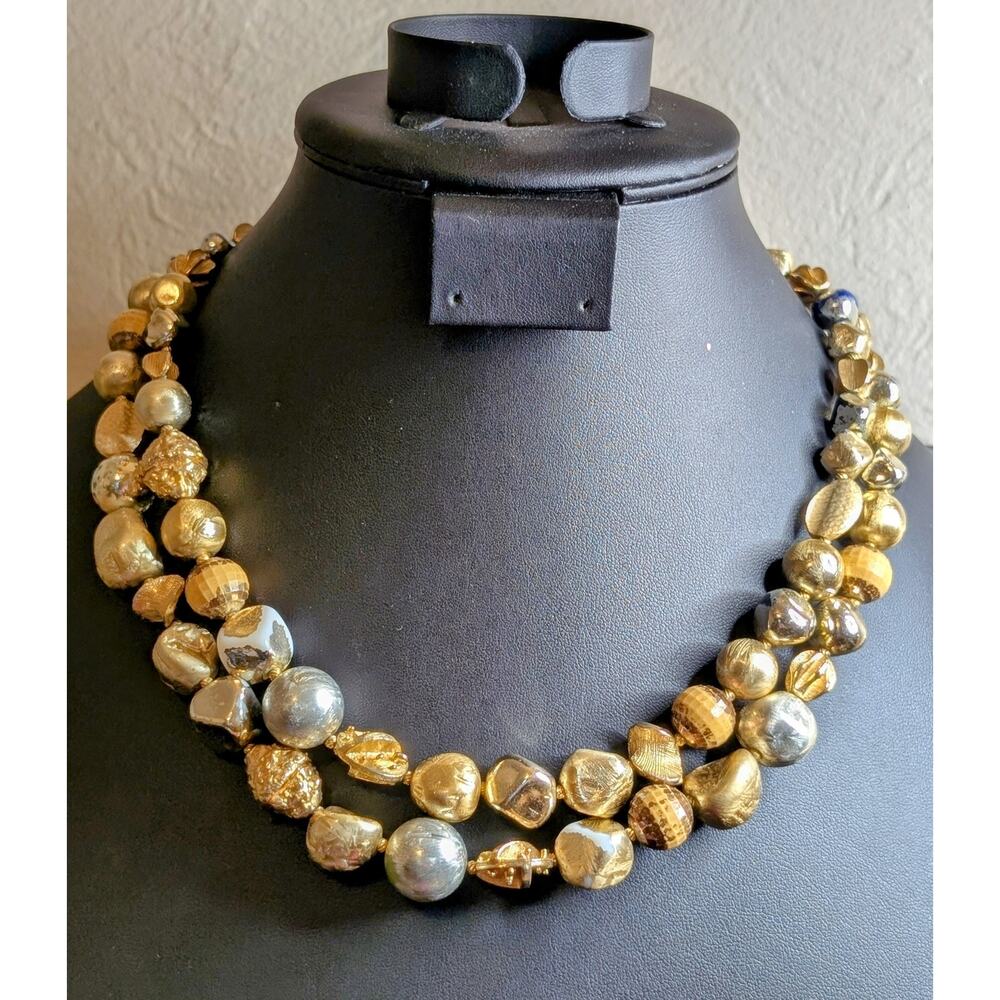 VTG Signed Hattie Carnegie Two Strand Goldtone & Silver Tone Beaded 19" Necklace